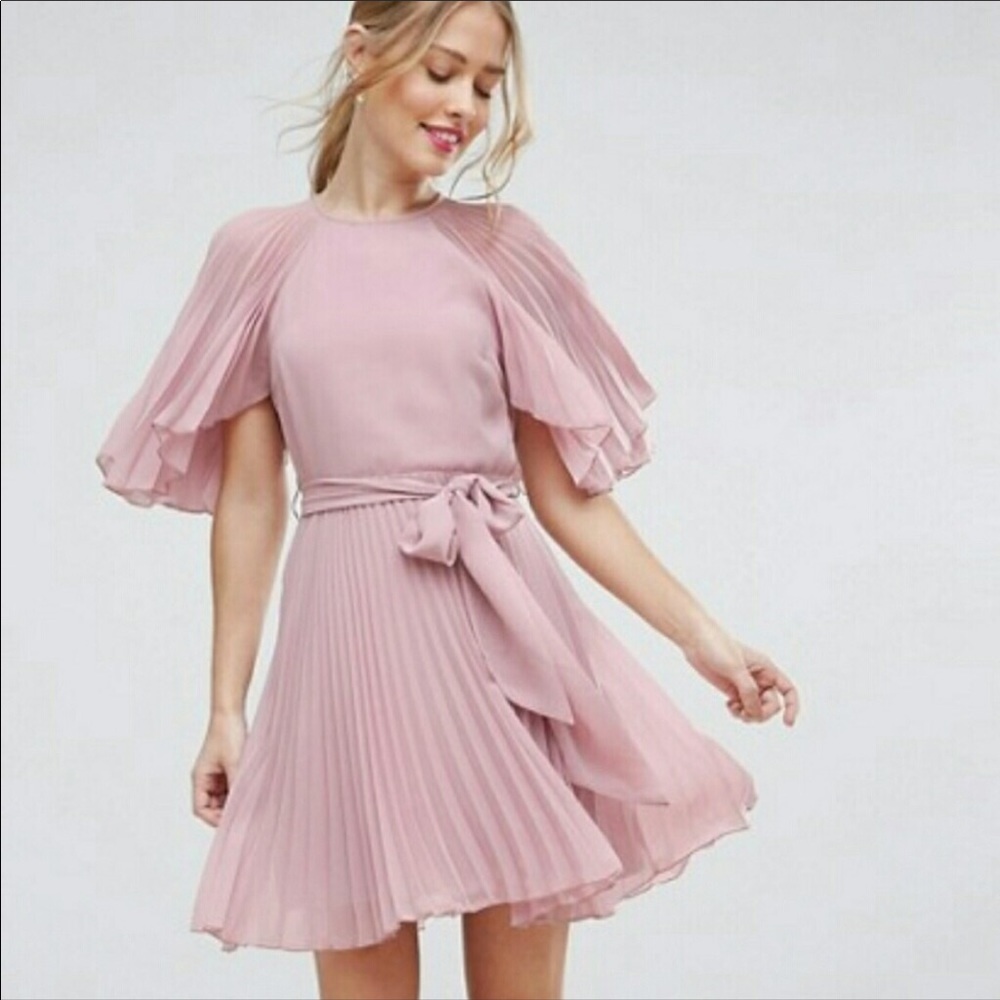 ASOS flutter sleeve blush pleated spring dress